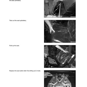 May include: A black and white technical manual page detailing seat switch replacement. The page includes step-by-step instructions with accompanying images. Text includes "SECTION 90 - CAB - CHAPTER 19" and "19.5. Seat switch".