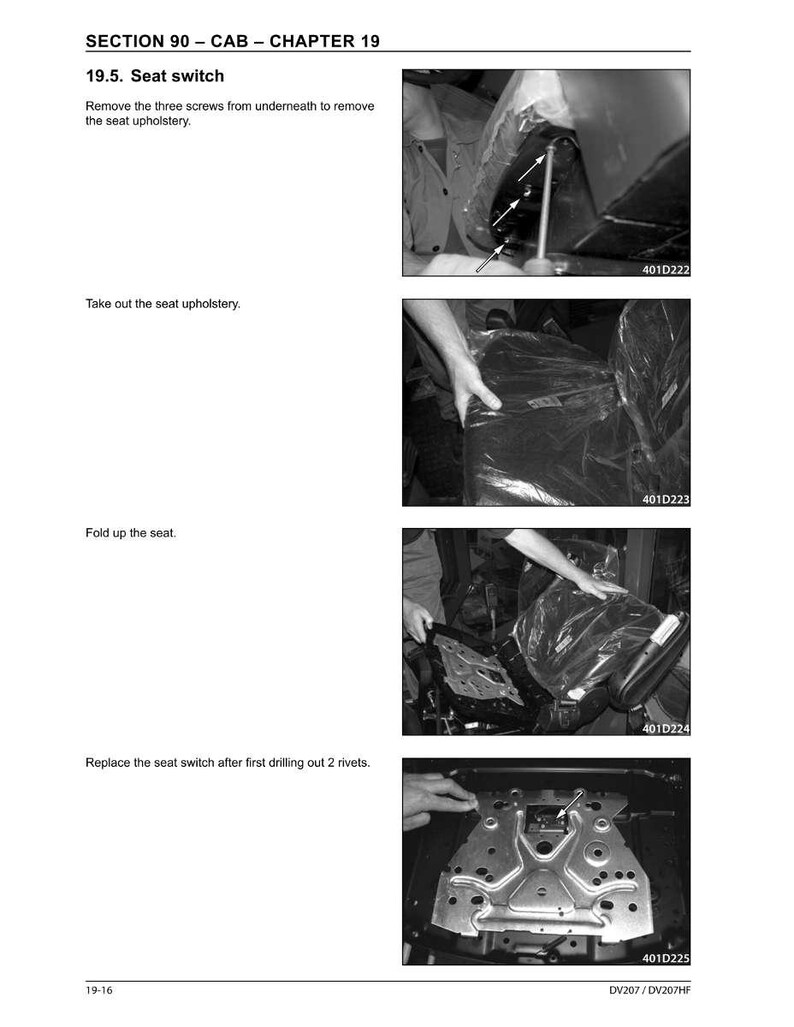 May include: A black and white technical manual page detailing seat switch replacement. The page includes step-by-step instructions with accompanying images. Text includes "SECTION 90 - CAB - CHAPTER 19" and "19.5. Seat switch".