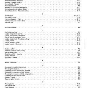 May include: A detailed page from a manual, featuring a table of contents with various operational and maintenance topics. Sections include hydraulic systems, machine safety, and loader attachments. The text is in black on a white background.