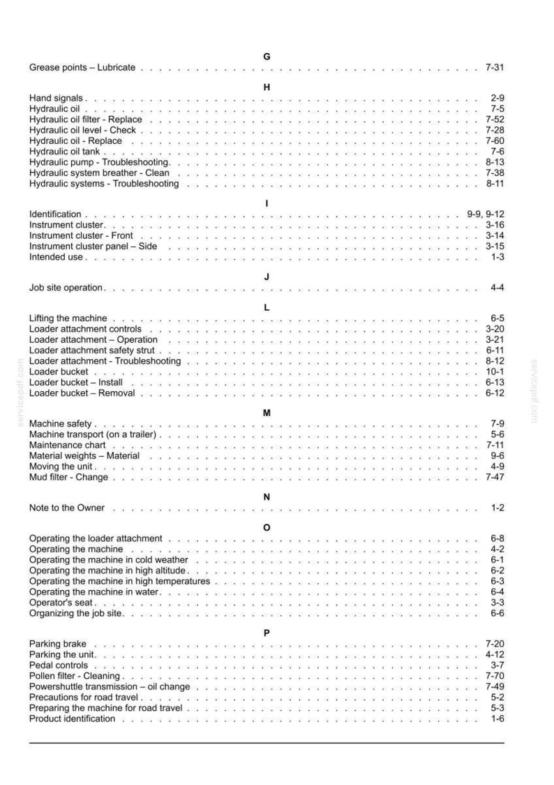 May include: A detailed page from a manual, featuring a table of contents with various operational and maintenance topics. Sections include hydraulic systems, machine safety, and loader attachments. The text is in black on a white background.
