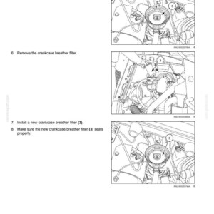 May include: Diagram showing steps for replacing a crankcase breather filter in an engine. The image includes close-up views of the engine components, with labels indicating the filter and related parts. Text instructions are also included.