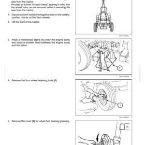 May include: Diagrams illustrating the disassembly of a tractor wheel hub. The steps include removing bolts, covers, and using a mechanical stand. Text includes instructions and part numbers. The image is a technical illustration.