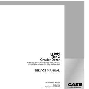 Puede incluir: Un manual de servicio blanco para una excavadora de orugas 1650M Tier 2. La portada incluye el texto "SERVICE MANUAL", el logotipo de Case Construction y el n&uacute;mero de pieza 47907870. El manual es la 2&ordf; edici&oacute;n, publicado en octubre de 2015.