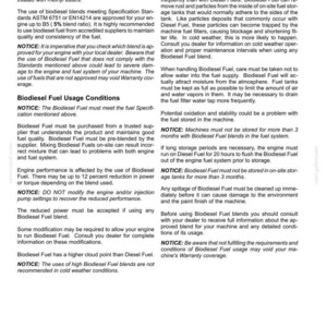 Op de afbeelding: Een technische documentpagina met de titel 7-MAINTENANCE met zwarte tekst op een witte achtergrond. De inhoud bevat gedetailleerde instructies en opmerkingen over het gebruik van biodiesel, inclusief gebruiksvoorwaarden, opslag en onderhoud.