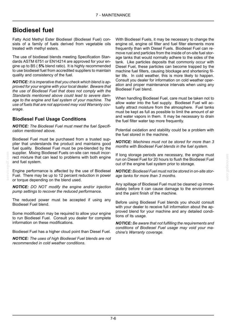 Op de afbeelding: Een technische documentpagina met de titel 7-MAINTENANCE met zwarte tekst op een witte achtergrond. De inhoud bevat gedetailleerde instructies en opmerkingen over het gebruik van biodiesel, inclusief gebruiksvoorwaarden, opslag en onderhoud.