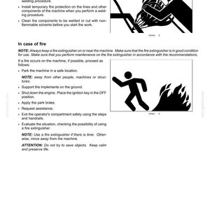 May include: Safety information page with instructions for welding procedures and fire safety. Includes illustrations of a welding process and a person running from flames. Text includes safety precautions and emergency procedures.
