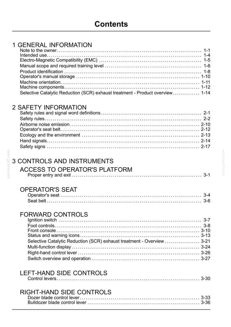 May include: A page from a manual titled "Contents" with a list of topics including "General Information", "Safety Information", and "Controls and Instruments". The text is black on a white background.