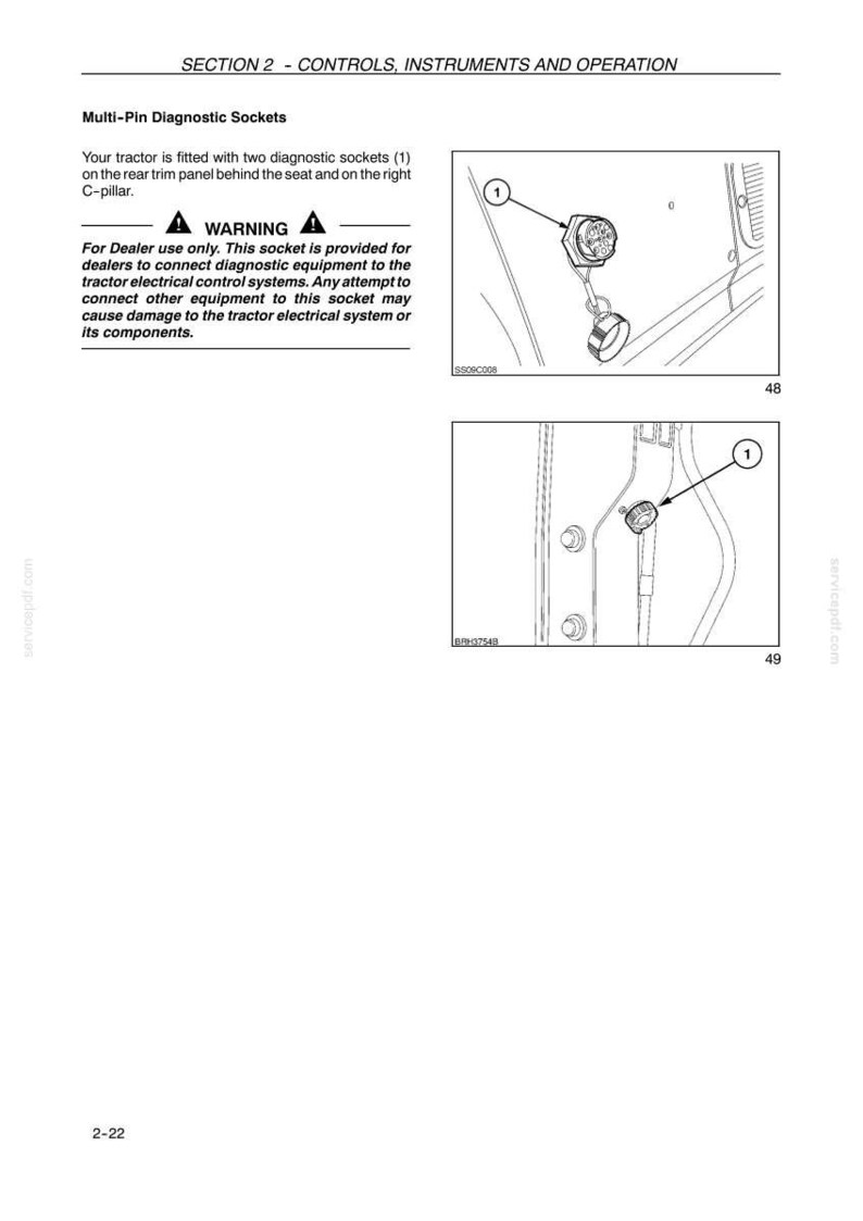 May include: A technical manual page titled SECTION 2 - CONTROLS, INSTRUMENTS AND OPERATION, featuring text about Multi-Pin Diagnostic Sockets and a warning for dealer use only. Two line drawings show the socket location and a numbered component.