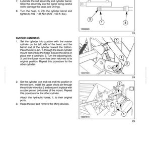 May include: A technical document page titled SECTION 35 - HYDRAULIC SYSTEM - CHAPTER 1, featuring instructional text and three black and white line drawings labeled 10008326, 10007594, and 10007619, detailing cylinder installation and assembly steps.