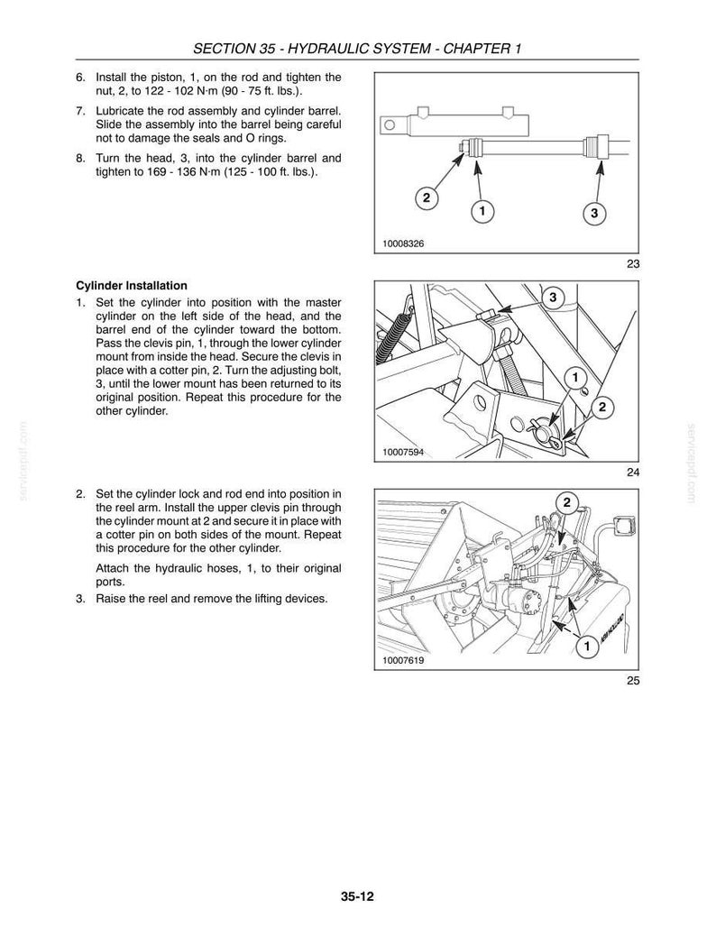 May include: A technical document page titled SECTION 35 - HYDRAULIC SYSTEM - CHAPTER 1, featuring instructional text and three black and white line drawings labeled 10008326, 10007594, and 10007619, detailing cylinder installation and assembly steps.