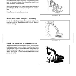 Pode incluir: Uma p&aacute;gina de informa&ccedil;&otilde;es de seguran&ccedil;a intitulada 2-SAFETY INFORMATION com tr&ecirc;s desenhos de linha em preto e branco de uma escavadeira. As ilustra&ccedil;&otilde;es mostram &aacute;reas de trabalho restritas e avisos de perigo.
