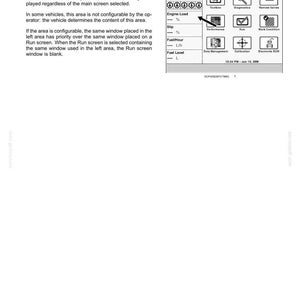 Może przedstawiać: Strona instrukcji technicznej zatytułowana ICONS AND WINDOWS - 2, zawierająca tekst o konfigurowalnym obszarze po lewej stronie oraz schemat ekranu pojazdu z ikonami Toolbox, Diagnostics, Remote Valves, Performance, Run, Work Condition, Data Management, Calibration i Electronic EOR.