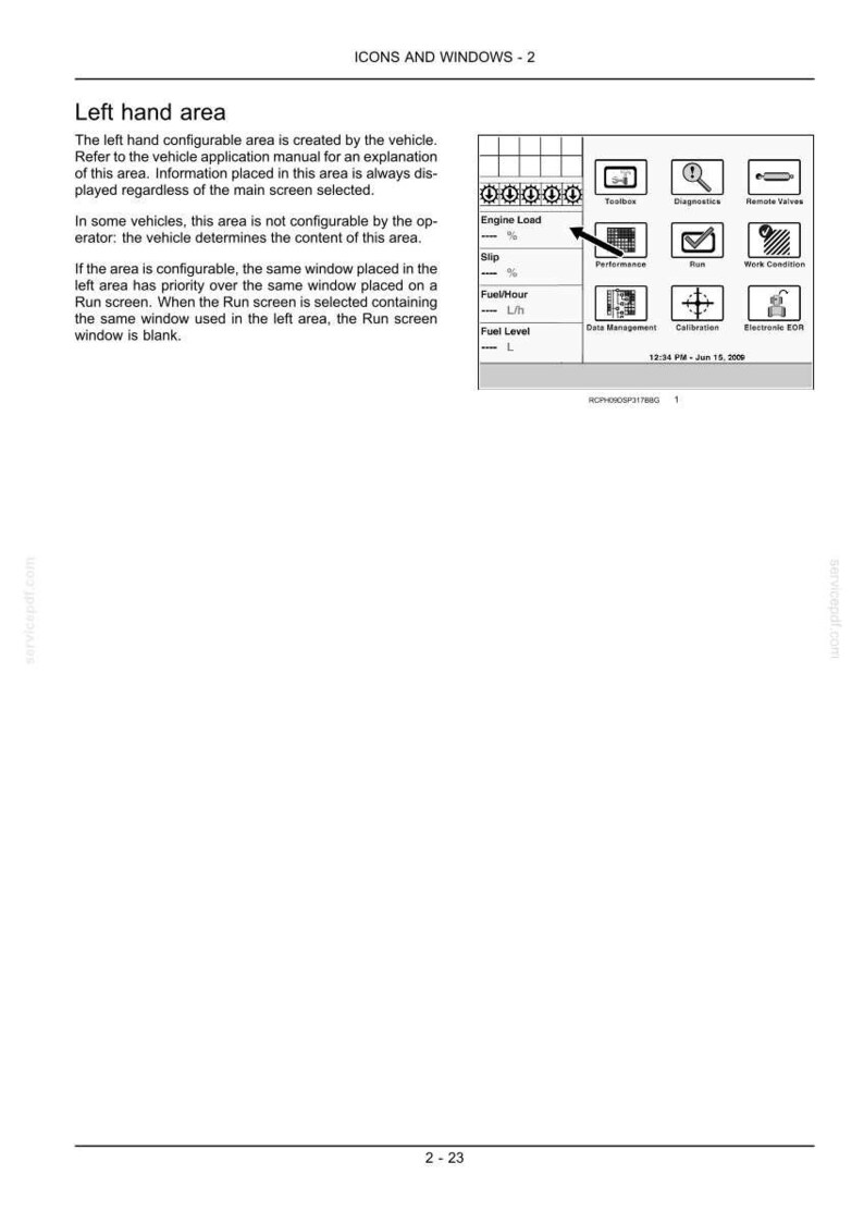 Może przedstawiać: Strona instrukcji technicznej zatytułowana ICONS AND WINDOWS - 2, zawierająca tekst o konfigurowalnym obszarze po lewej stronie oraz schemat ekranu pojazdu z ikonami Toolbox, Diagnostics, Remote Valves, Performance, Run, Work Condition, Data Management, Calibration i Electronic EOR.