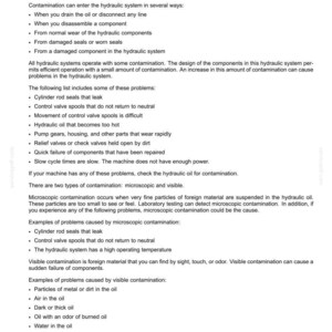 Peut inclure: Une page d'un manuel de maintenance d&eacute;taillant le fluide hydraulique et hydrostatique. Le texte explique les causes de contamination, les types et les probl&egrave;mes connexes, y compris les joints de tige de v&eacute;rin, les distributeurs et les probl&egrave;mes d'huile.