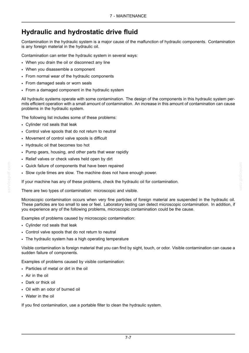 Peut inclure: Une page d'un manuel de maintenance d&eacute;taillant le fluide hydraulique et hydrostatique. Le texte explique les causes de contamination, les types et les probl&egrave;mes connexes, y compris les joints de tige de v&eacute;rin, les distributeurs et les probl&egrave;mes d'huile.