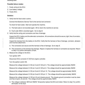 May include: A diagnostic document detailing fault codes for electrical systems, specifically fault code 3145, with troubleshooting steps. The document includes instructions for verifying the fault, checking wiring, and measuring voltage, with voltage readings in volts.