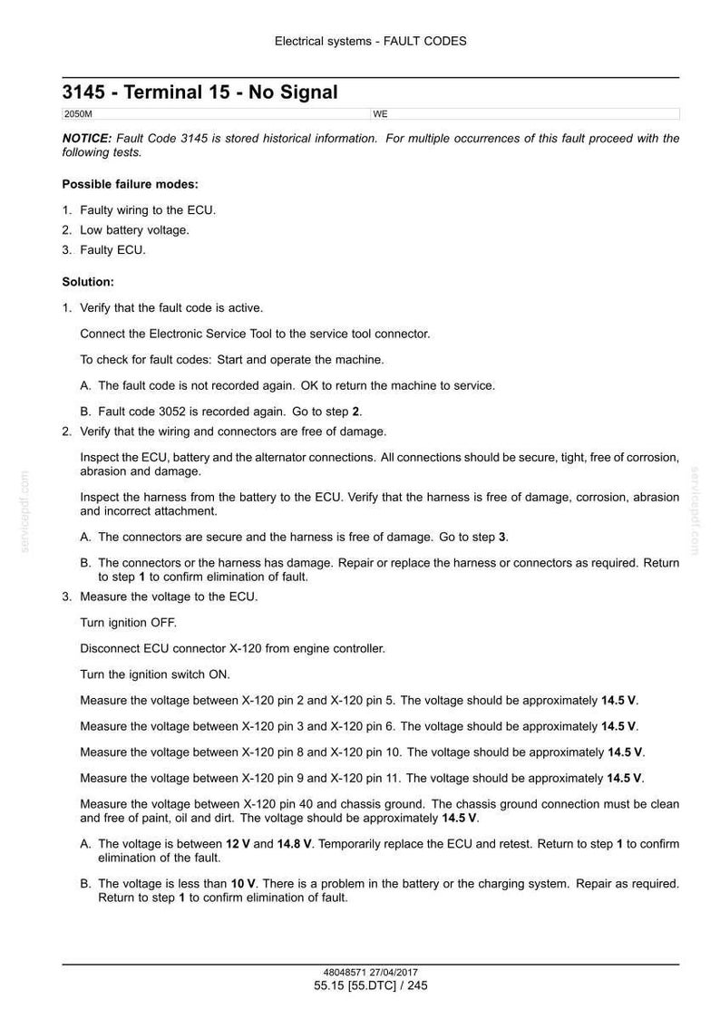 May include: A diagnostic document detailing fault codes for electrical systems, specifically fault code 3145, with troubleshooting steps. The document includes instructions for verifying the fault, checking wiring, and measuring voltage, with voltage readings in volts.