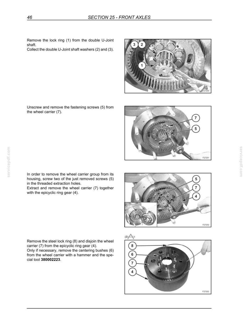 K&ouml;nnte beinhalten: Seite aus einem technischen Handbuch mit Diagrammen und Anweisungen zur Wartung der Vorderachse. Enth&auml;lt Nahaufnahmen von mechanischen Komponenten mit Beschriftungen und nummerierten Teilen. Der Text enth&auml;lt "SECTION 25 - FRONT AXLES".