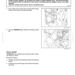 May include: Diagram illustrating the replacement of a power steering wheel. The image shows step-by-step instructions with numbered diagrams and text, including safety warnings and tool usage. The manual is in black and white.