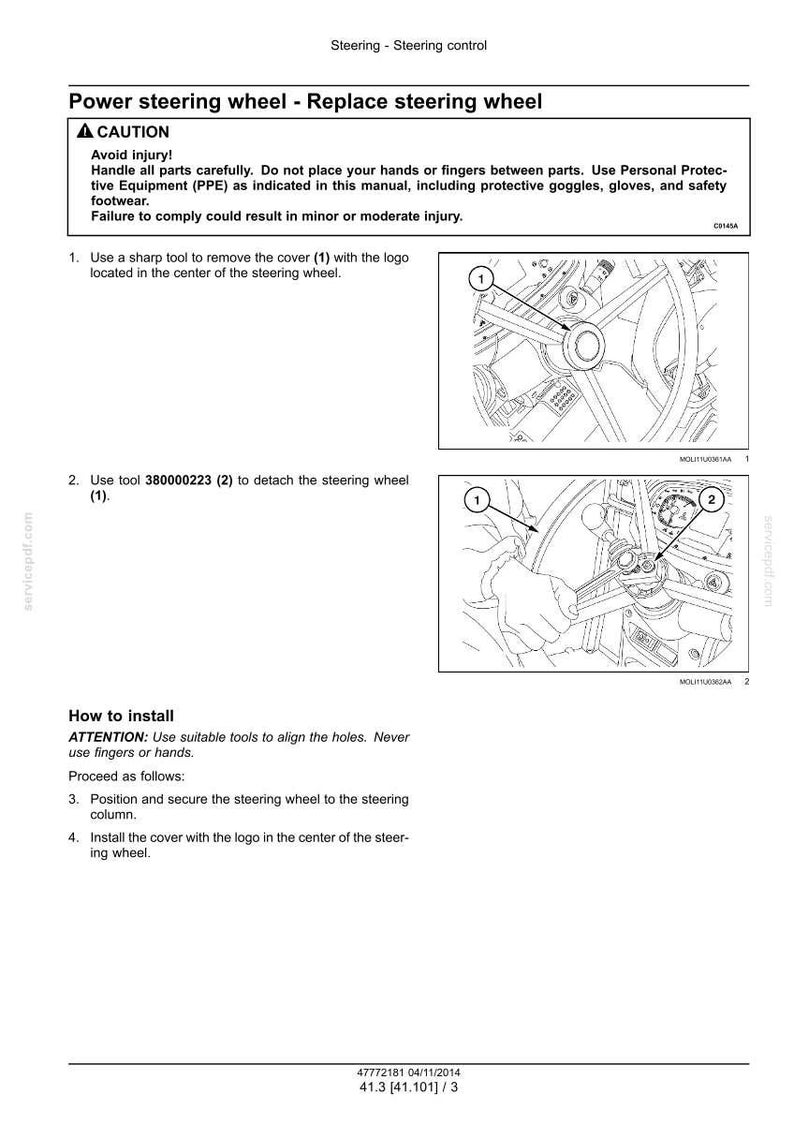 May include: Diagram illustrating the replacement of a power steering wheel. The image shows step-by-step instructions with numbered diagrams and text, including safety warnings and tool usage. The manual is in black and white.