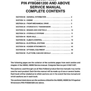 May include: A white document with black text detailing the contents of a service manual for H8060 and H8080 models. The manual includes sections on the engine, brakes, and electrical systems. The document also includes copyright information.