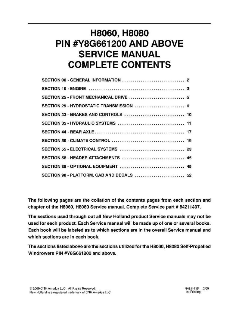 May include: A white document with black text detailing the contents of a service manual for H8060 and H8080 models. The manual includes sections on the engine, brakes, and electrical systems. The document also includes copyright information.