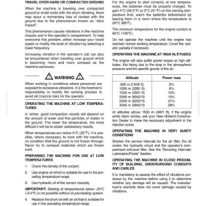 Może przedstawiać: Strona dokumentacji technicznej zatytułowana Section 3 - Operating Instructions, szczeg&oacute;łowo opisująca procedury obsługi maszyn w warunkach specjalnych, w tym na twardym podłożu, w niskich temperaturach, na dużych wysokościach, w zapyleniu oraz w pobliżu przewod&oacute;w.