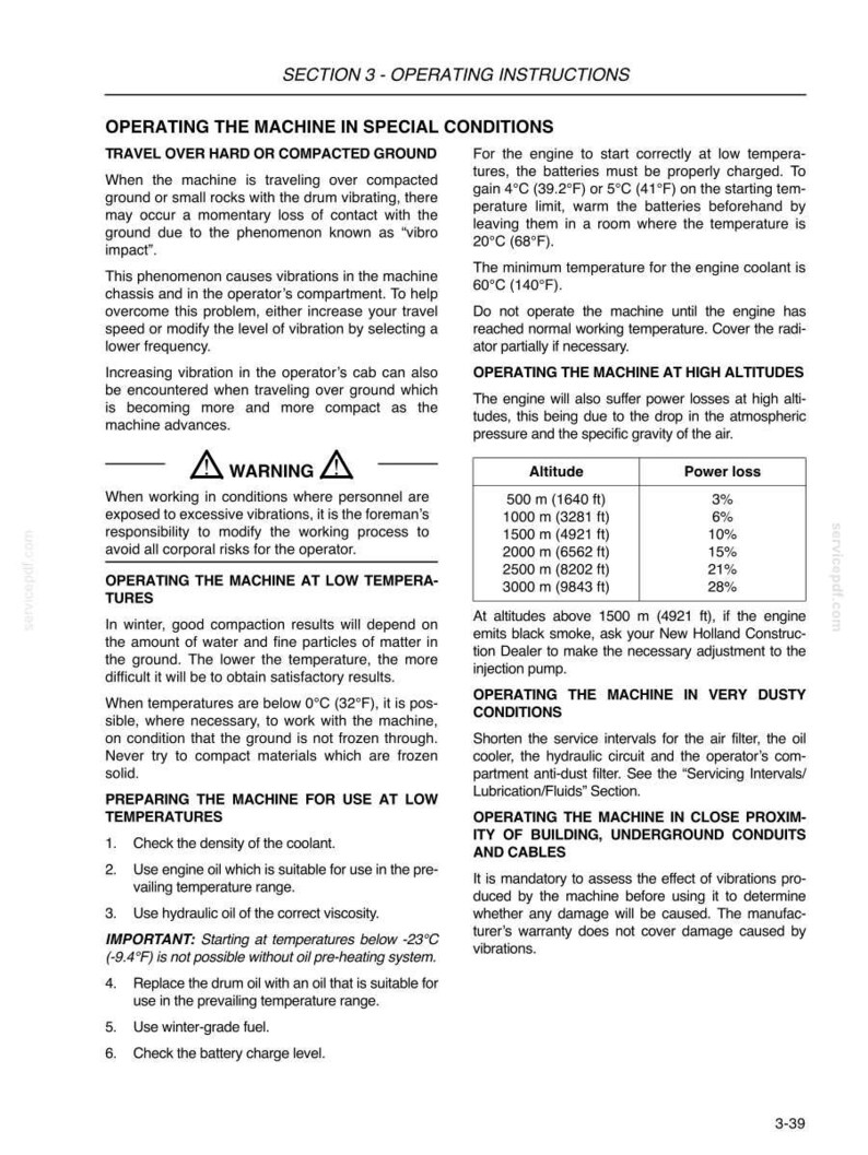 Może przedstawiać: Strona dokumentacji technicznej zatytułowana Section 3 - Operating Instructions, szczeg&oacute;łowo opisująca procedury obsługi maszyn w warunkach specjalnych, w tym na twardym podłożu, w niskich temperaturach, na dużych wysokościach, w zapyleniu oraz w pobliżu przewod&oacute;w.