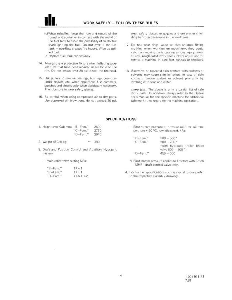 May include: A page from a manual with safety instructions and specifications. The text includes warnings about refueling, tire inflation, and the use of tools. Measurements are in millimeters and kilograms.