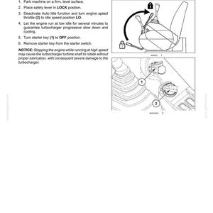 May include: A technical manual page titled 4 - OPERATING INSTRUCTIONS, STOPPING THE UNIT. It includes text instructions for stopping an engine, a diagram showing a safety lever moving to a lock position, and a diagram of a starter key and throttle.