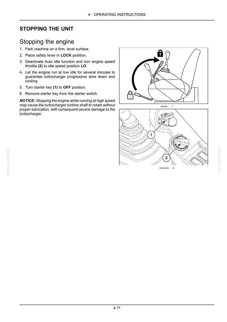 May include: A technical manual page titled 4 - OPERATING INSTRUCTIONS, STOPPING THE UNIT. It includes text instructions for stopping an engine, a diagram showing a safety lever moving to a lock position, and a diagram of a starter key and throttle.