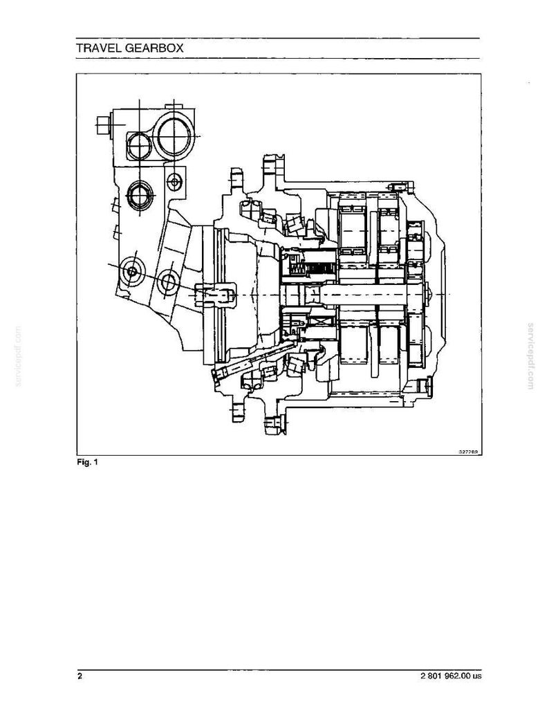 May include: A detailed technical illustration of a travel gearbox, rendered in black and white. The diagram shows the internal components and structure of the gearbox, with labels and annotations. The text "TRAVEL GEARBOX" is at the top.