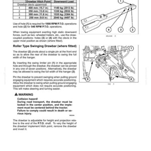 May include: A technical manual page titled 6-WORKING OPERATIONS featuring diagrams of a tractor drawbar. It includes a table listing P.T.O. shaft to drawbar hitch point distances from 9.8 to 15.7 inches and maximum static downward loads up to 4497 lb.
