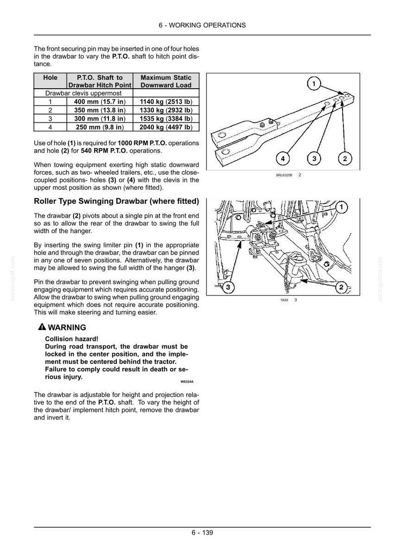 May include: A technical manual page titled 6-WORKING OPERATIONS featuring diagrams of a tractor drawbar. It includes a table listing P.T.O. shaft to drawbar hitch point distances from 9.8 to 15.7 inches and maximum static downward loads up to 4497 lb.