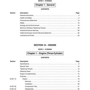 May include: A white and black printed manual page with the title "SECTION 00 - GENERAL" and "SECTION 10 - ENGINE". The contents include chapter titles, descriptions, and page numbers. The manual is for a three-cylinder engine.