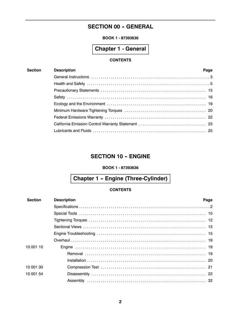May include: A white and black printed manual page with the title "SECTION 00 - GENERAL" and "SECTION 10 - ENGINE". The contents include chapter titles, descriptions, and page numbers. The manual is for a three-cylinder engine.