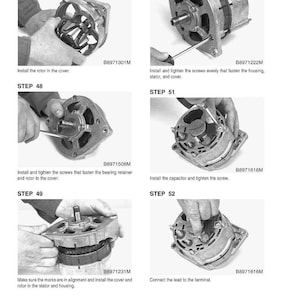 May include: A series of six images from a manual detailing the assembly of an automotive part. The images show steps including installing the rotor, tightening screws, and connecting leads. Text and part numbers are visible.
