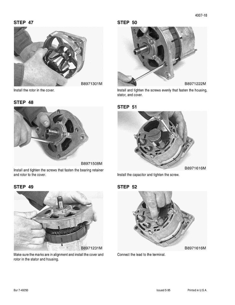 May include: A series of six images from a manual detailing the assembly of an automotive part. The images show steps including installing the rotor, tightening screws, and connecting leads. Text and part numbers are visible.