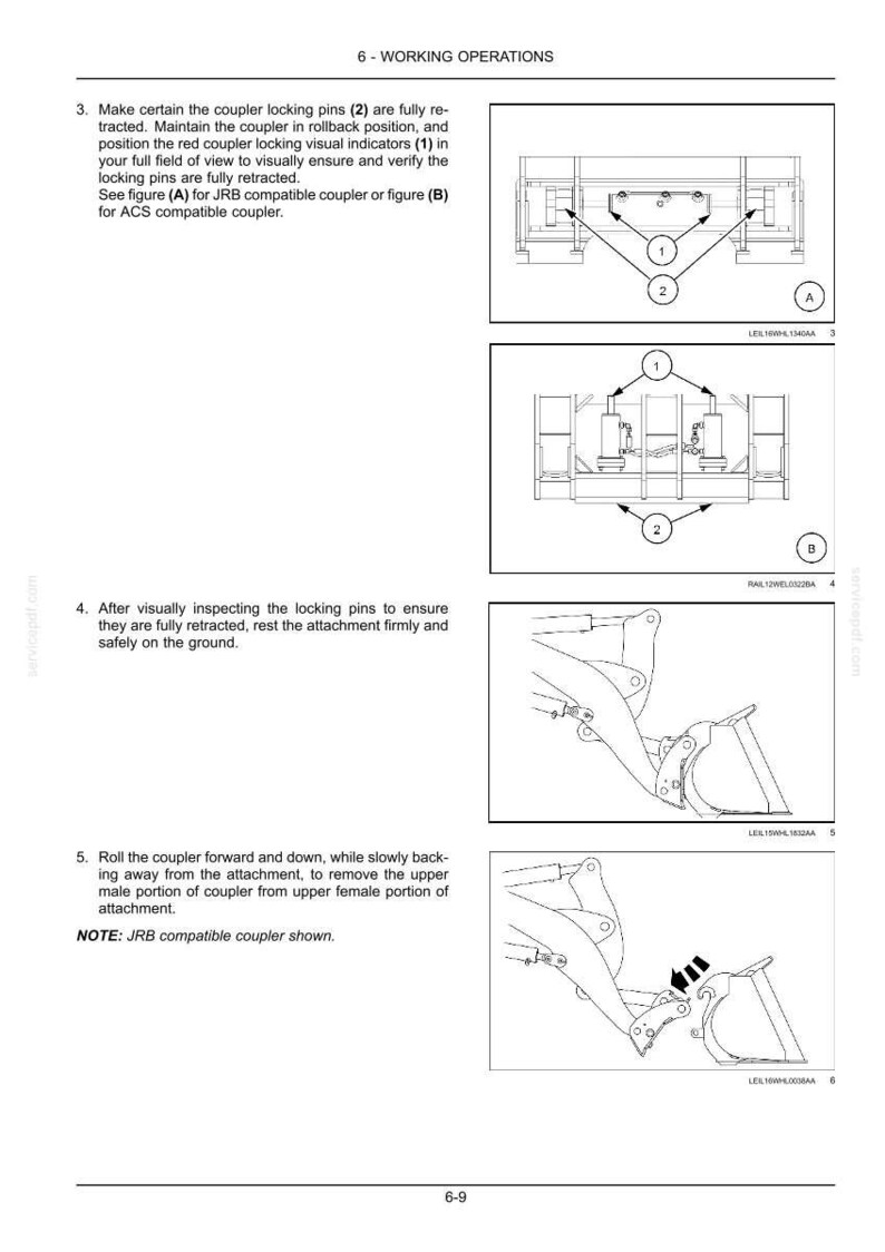 May include: Diagrams illustrating working operations for a coupler, including the retraction of locking pins and visual indicators. The images show different views of the coupler and its components, with labels and arrows indicating specific actions.