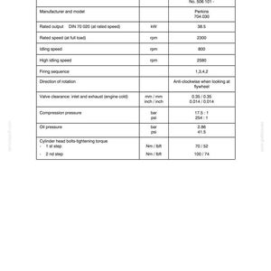 May include: A detailed service data sheet for the LW 50 engine, featuring specifications like rated output at 38.5 kW, idling speed at 800 rpm, and compression pressure at 254 psi. Includes valve clearance and cylinder head bolt torque.