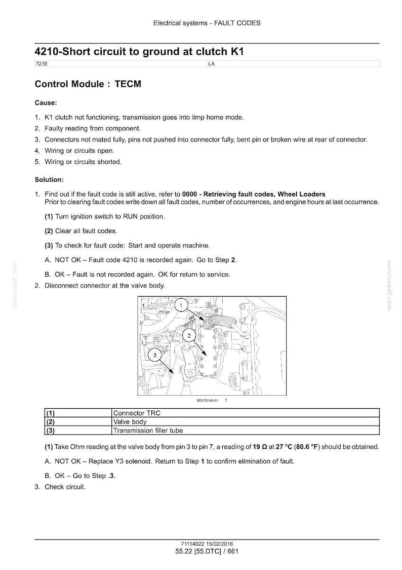May include: Diagram of electrical system fault codes, including "4210-Short circuit to ground at clutch K1." The document provides causes, solutions, and a diagram of the valve body and connector TRC. The text includes instructions for checking the circuit.