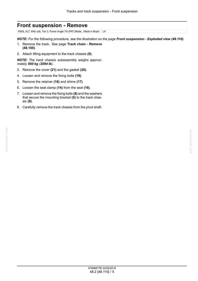 May include: A white page with the title "Front suspension - Remove" and numbered instructions for removing the front suspension of a vehicle. The text includes measurements in pounds and inches.