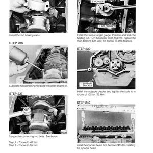 May include: A grayscale diagram from a manual detailing engine assembly steps. Instructions include installing rod bearing caps, lubricating connecting rod bolts, and tightening bolts to specific torque values. Text includes "STEP 235" through "STEP 240".