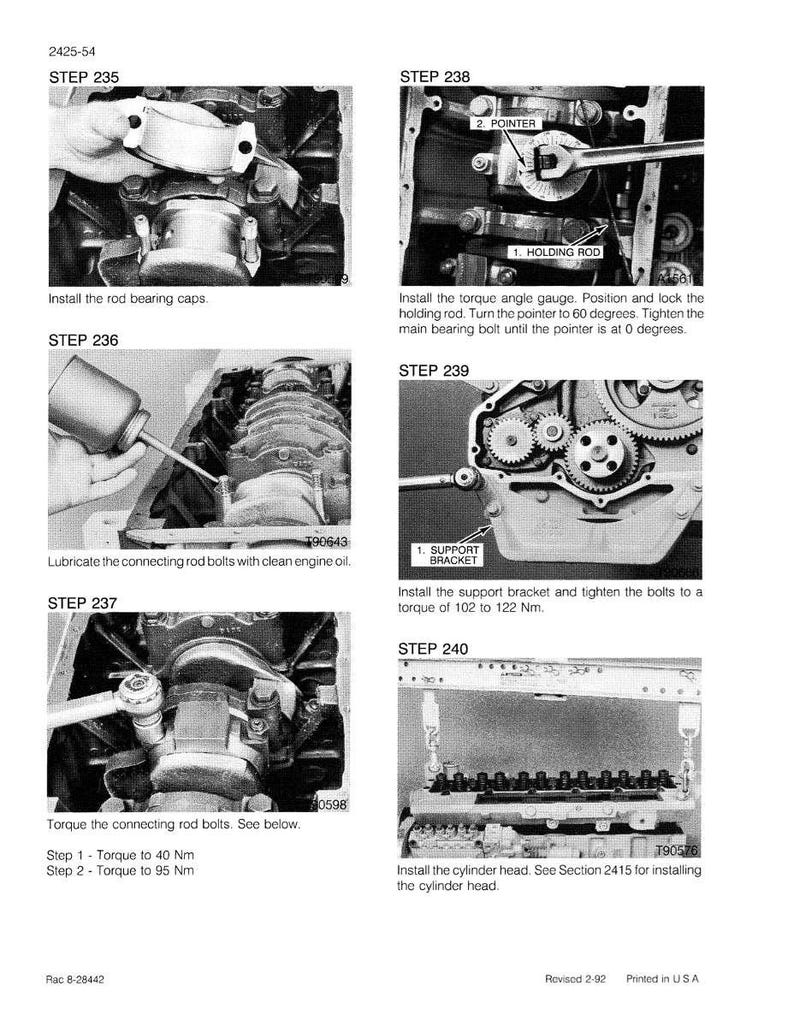May include: A grayscale diagram from a manual detailing engine assembly steps. Instructions include installing rod bearing caps, lubricating connecting rod bolts, and tightening bolts to specific torque values. Text includes "STEP 235" through "STEP 240".