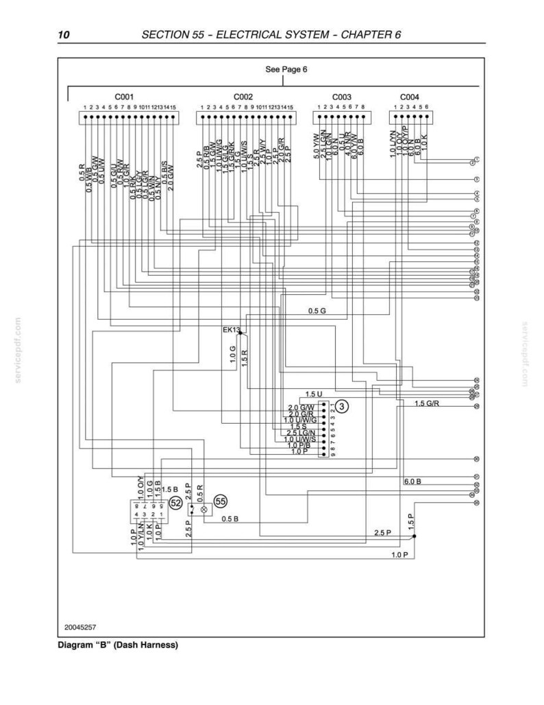 May include: A technical electrical system wiring diagram labelled Section 55 - Electrical System - Chapter 6 and Diagram B (Dash Harness). The black and white schematic features four main connectors labelled C001 through C004 with numbered pins.