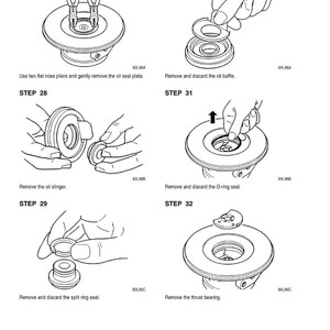 May include: Diagram illustrating steps for removing and discarding various parts, including an oil seal plate, oil baffle, oil slinger, O-ring seal, split ring seal, and thrust bearing. Instructions are provided with each step.