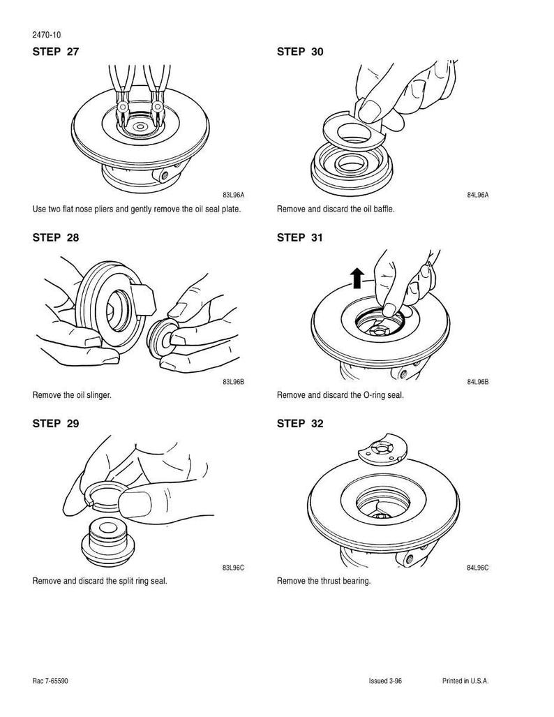 May include: Diagram illustrating steps for removing and discarding various parts, including an oil seal plate, oil baffle, oil slinger, O-ring seal, split ring seal, and thrust bearing. Instructions are provided with each step.