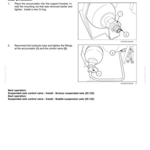 May include: Diagram of an accumulator installation for a front axle system. The image shows step-by-step instructions with illustrations, including the placement of the accumulator, tightening fittings, and connecting hydraulic tubes. Text includes part numbers and installation steps.