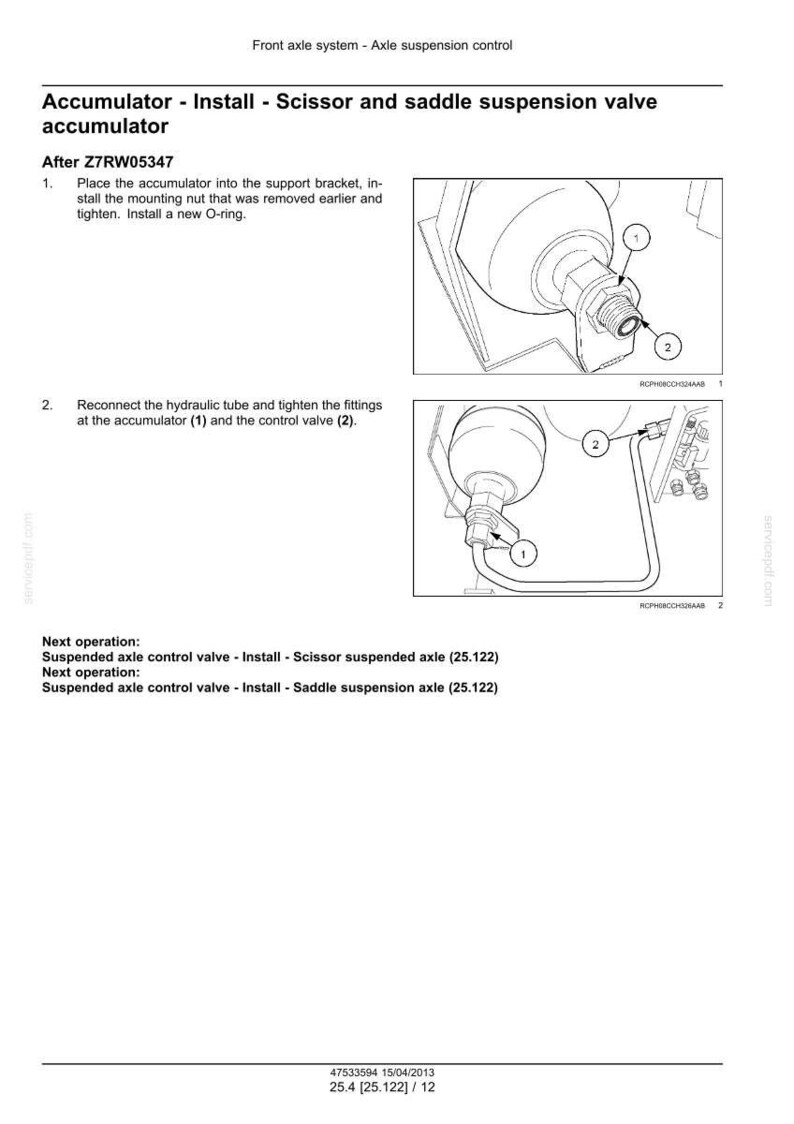 May include: Diagram of an accumulator installation for a front axle system. The image shows step-by-step instructions with illustrations, including the placement of the accumulator, tightening fittings, and connecting hydraulic tubes. Text includes part numbers and installation steps.