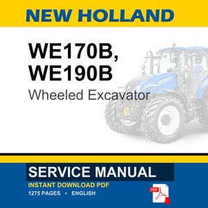 Op de afbeelding: Een blauw-witte New Holland wiellader is afgebeeld. De tekst "WE170B, WE190B" staat boven "Wheeled Excavator". De afbeelding bevat ook een "Service Manual" met "Instant Download PDF" en "1275 pagina's &bull; Engels".